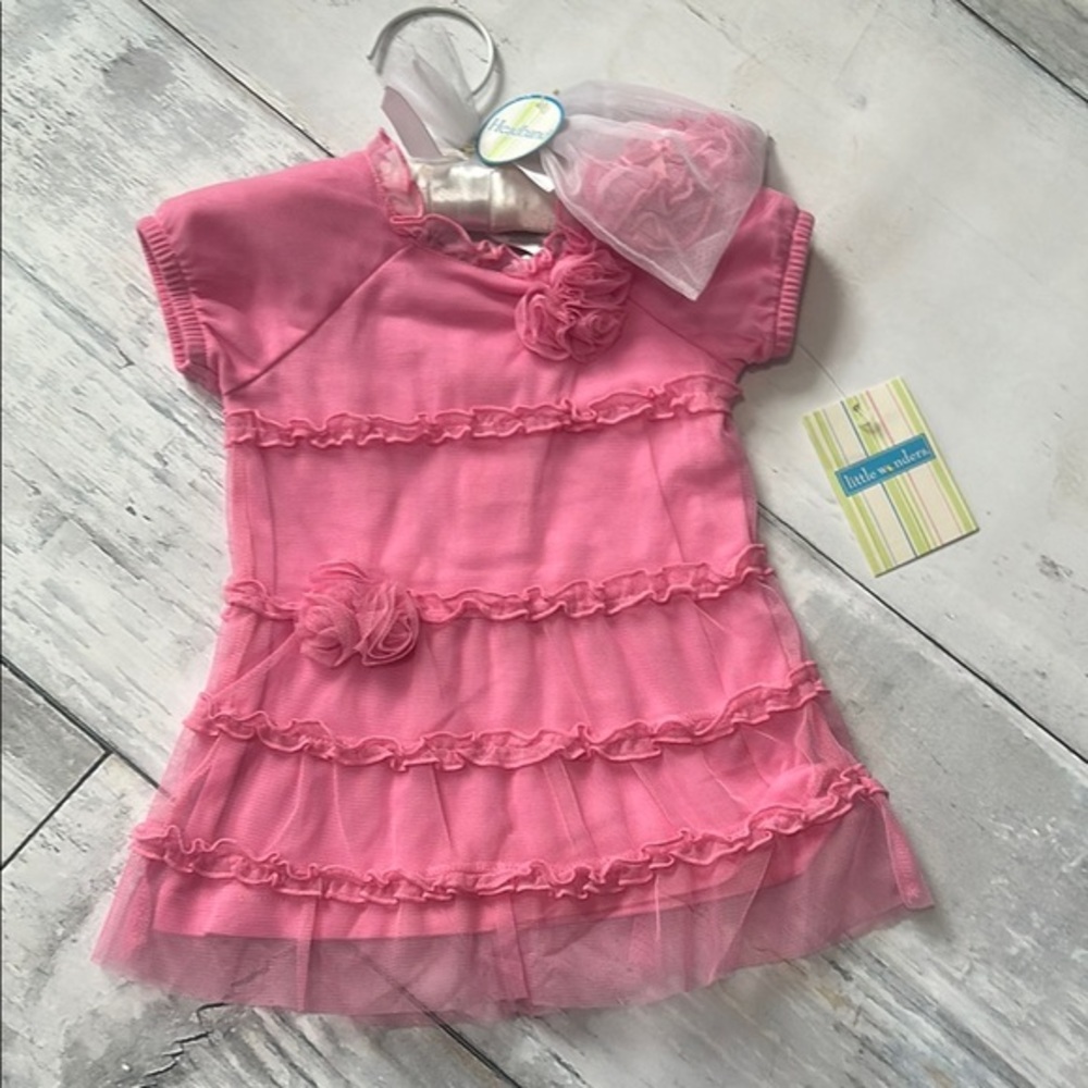 NWT BABY GIRL Pink Ruffled Dress WITH headband 0-3 months